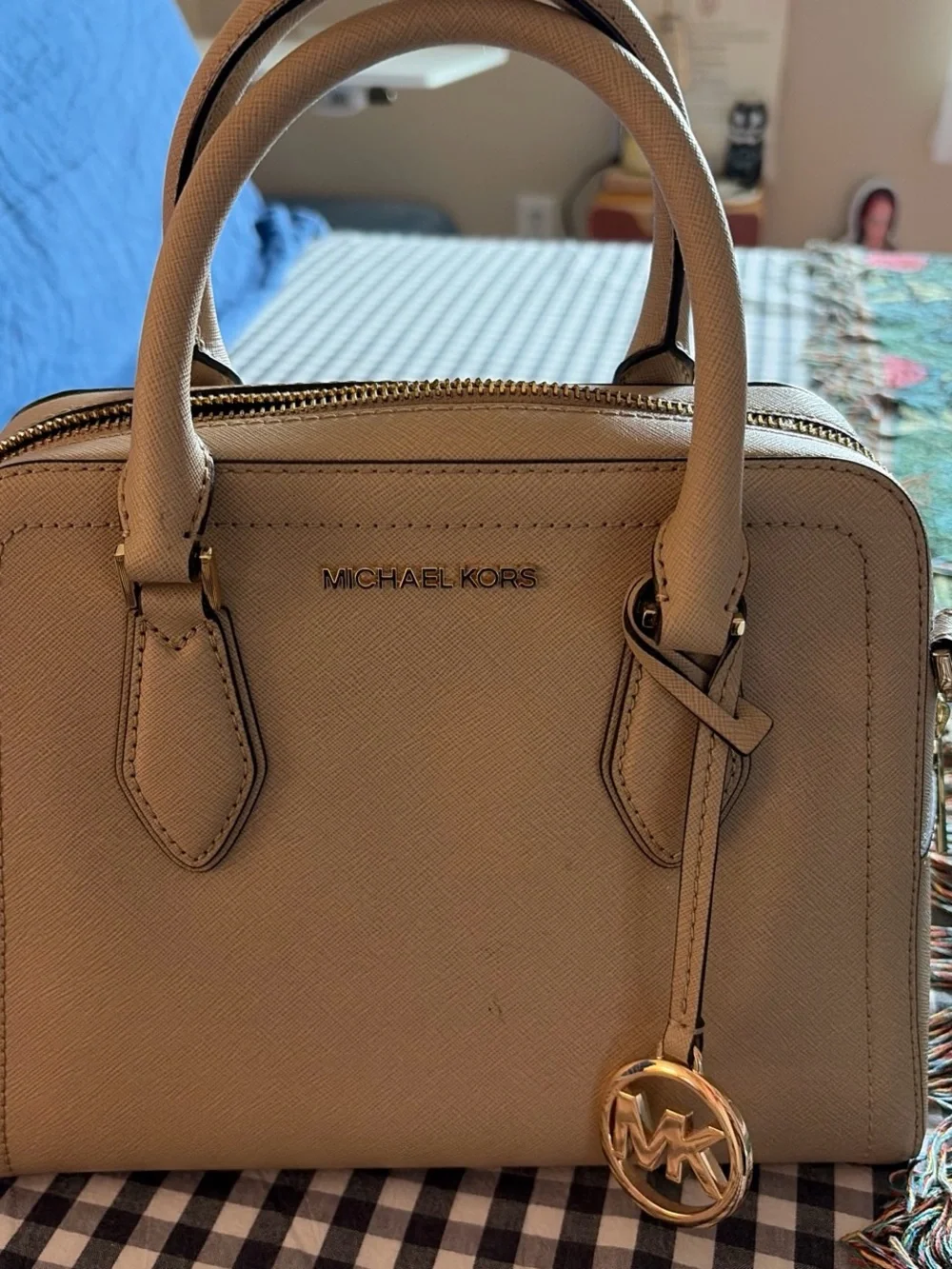 Michael Kors Light Beige Saffiano Satchel with Gold Charm